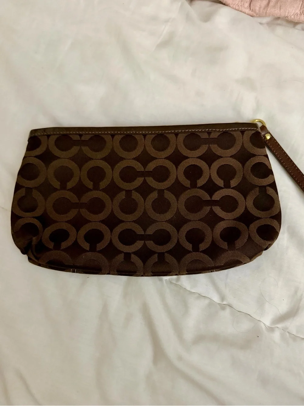 COACH Brown Signature C Logo Wristlet with Gold Hardware